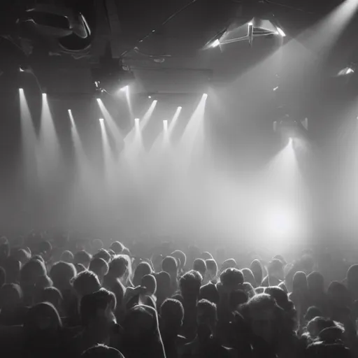 Image similar to a foggy dance club large speakers. volumetric lighting and thick fog. god rays. disco lighting. Amsterdam.