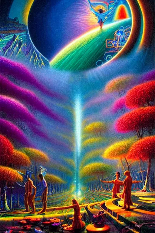 Prompt: a photorealistic detailed cinematic image of a beautiful vibrant iridescent future for human evolution, spiritual science, divinity, utopian, tornado of color, magical fairies, by david a. hardy, kinkade, lisa frank, wpa, public works mural, socialist