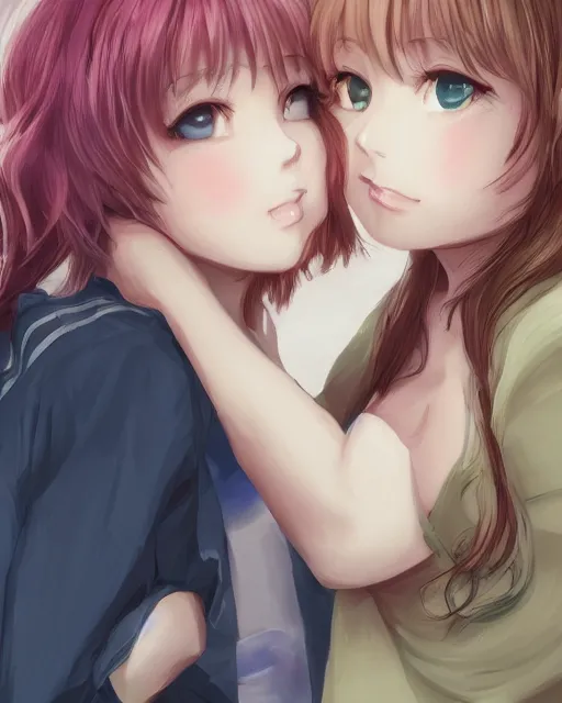 Image similar to portrait of two girls kissing, anime, trending on Artstation
