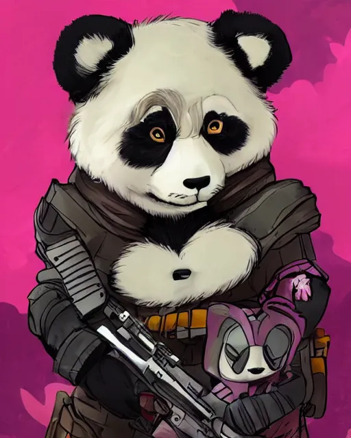 Image similar to a good ol'pink panda girl fursona ( from the furry fandom ), heavily armed and armored facing down armageddon in a dark and gritty version from the makers of mad max : fury road. witness me.