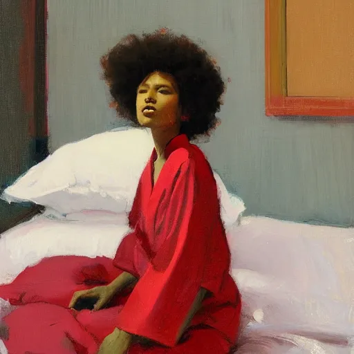 Image similar to girl with afro, in red kimono, backview, sitting on edge of bed, by jeremy lipking, tim rees, joseph todorovitch