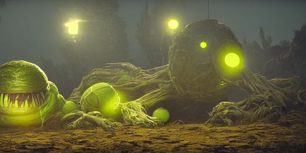 Image similar to a photo of 8 k ultra realistic giant tennis ball monster, tennis ball monsters, creepy, weird, funny, exotic, cinematic lighting, trending on artstation, 4 k, hyperrealistic, focused, high details, unreal engine 5, cinematic, alien planet atmosphere in background, 3 d render by basil gogos and beeple