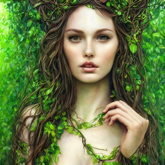 Prompt: nature goddess, beautiful portrait, skin is green, entwined in vines and nature, forest theme, dark forest, light shining through, hyper - realistic, extremely detailed