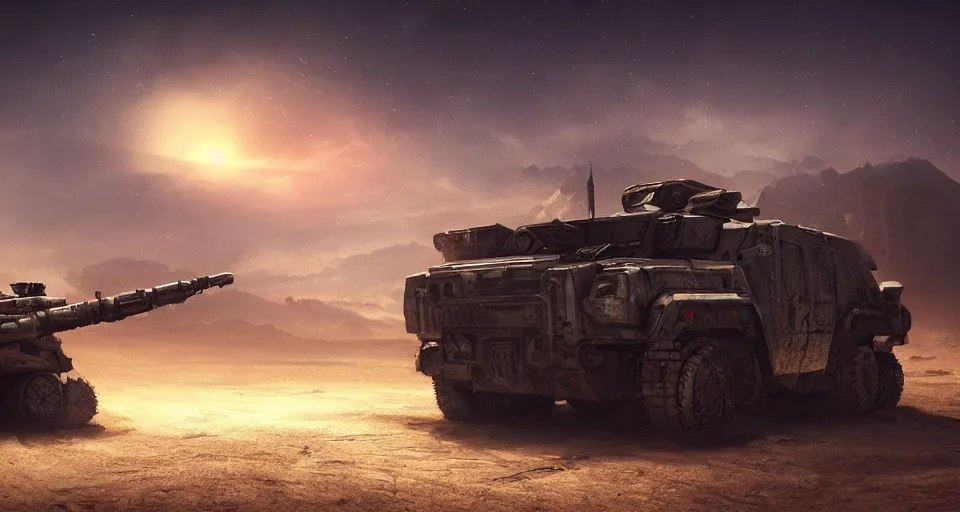 Image similar to an image of an armored vehicle in the night desert with big weapon on by Paul Chadeisson, atmospheric, planet landscape, concept art, high detail, intimidating , cinematic, Sci-fi, blue headlights, Artstation trending, octane render