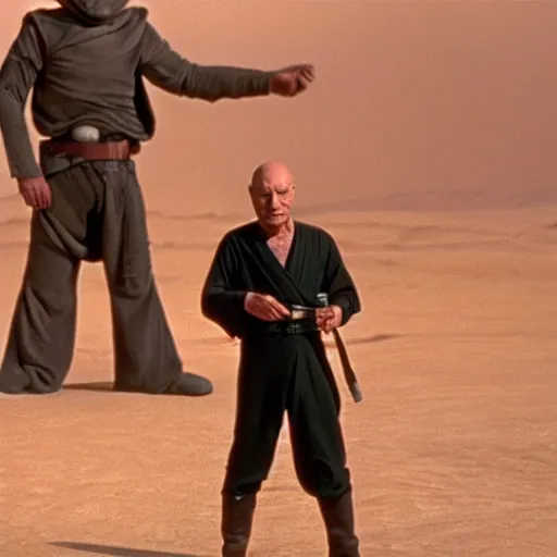 Image similar to patrick stewart as luke skywalker on tatooine