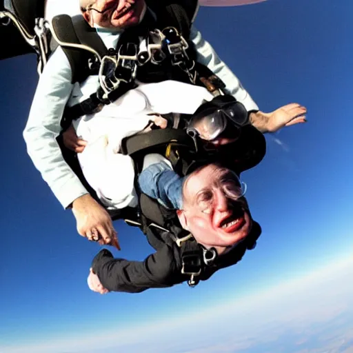 Prompt: Fish-eye lens of Stephen Hawking skydiving in his wheelchair