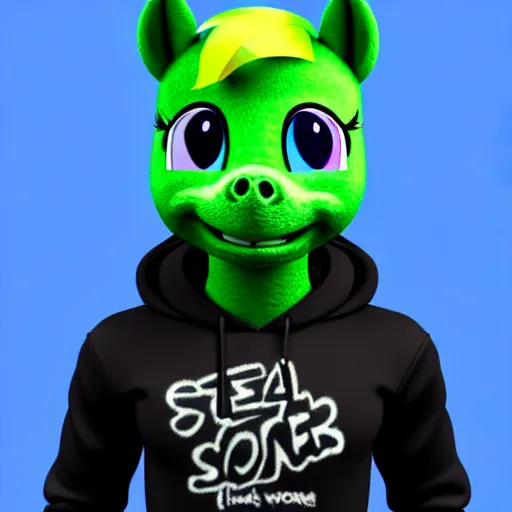 Image similar to a stoner with a black hoodie on with a marijuana themed green pony head from my little pony, 3 d, blender 3 d, render, beautiful