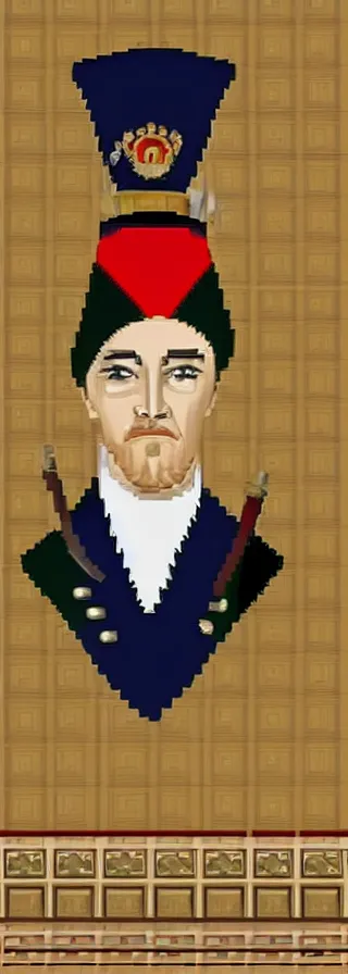 Image similar to portrait of imperator wearing a french hat and ceremonial uniform in a haughty pose, head pointing up diagonally, pixel art, colors accent, symmetric