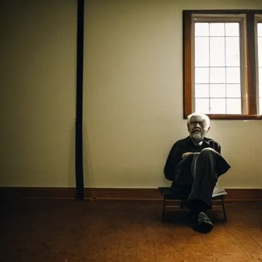 Prompt: a full shot of an old man sitting in the corner of a dimly lit room