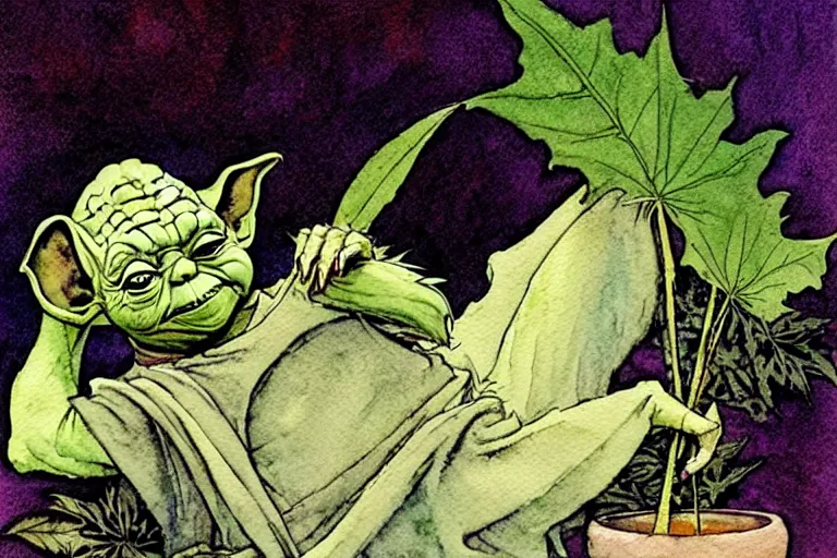 Image similar to a realistic and atmospheric watercolour fantasy character concept art portrait of yoda lying on his back laughing with a pot leaf nearby, by rebecca guay, michael kaluta, charles vess and jean moebius giraud