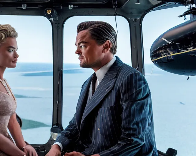 Image similar to leonardo dicaprio as the wolf of wall street next to margot robbie as naomi from the wolf of wall street in a helicopter, hyper realistic faces, beautiful eyes, cinematic, long shot, hyper detailed, 8 5 mm photograph, 8 k resolution, film still, sharp lens, wide lens