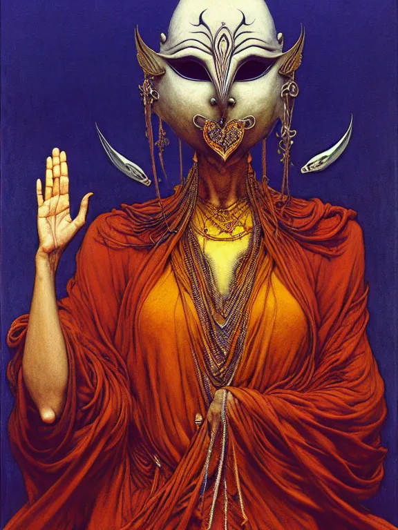 Prompt: soaring woman wearing a big mask with many thick blades behind head. dressed in a long robe with wide sleeves and making namaste / anjali mudra gesture. fullbody highly detailed portrait, blurred background, concept art, masterpiece, fantasy art, hyperdetailed, hyperrealism, art by zdzisław beksinski, arthur rackham, dariusz zawadzki