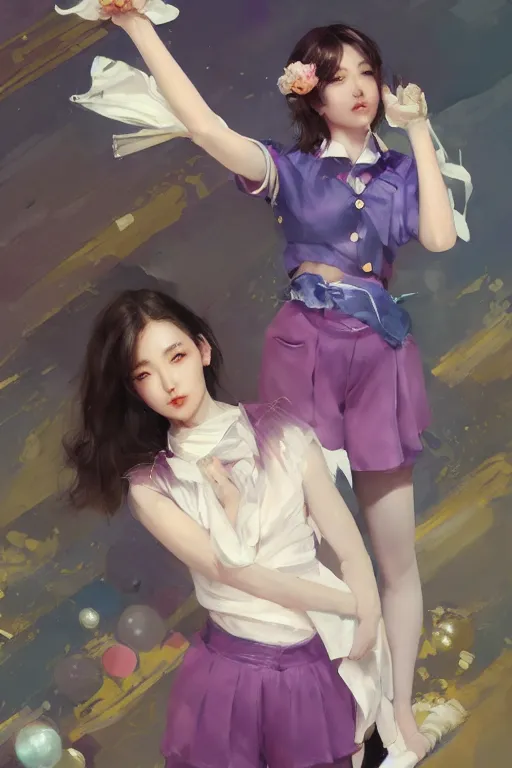 Image similar to Full View of Eunha from Viviz and gFriend with short hair wearing a purple military uniform and puffy silk shorts, white leggings, Golden Ribbon, and a billowy scarf. Rhythmic gymnastics poses. masterpiece 4k digital illustration by Ruan Jia and Mandy Jurgens and Artgerm and greg rutkowski and WLOP, award winning, Artstation, art nouveau aesthetic, Alphonse Mucha background, intricate details, realistic, panoramic view, Hyperdetailed, 8k resolution, intricate art nouveau