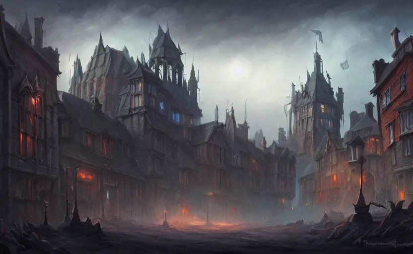 Image similar to extreme long shot concept art depicted old english majestic town, dramatic mood, overcast mood, dark fantasy environment, art by legends of runeterra and league of legends and arcane, art by tony sart, trending on artstation, unreal engine