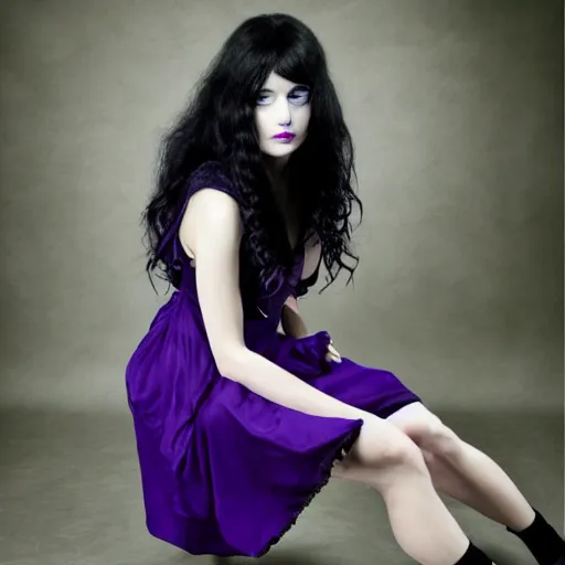 Image similar to Annie Leibovitz boudoir photo of a beautiful anime woman with long black hair, blue eyes, purple lipstick, wearing a black tank-top, a purple skirt and white socks with purple stripes