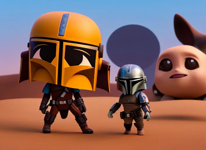 Image similar to mandalorian as nendoroid walking in a desert with two moons in the croods movie style, anime, disney, pixar, 8 k, hd, dof, kodak film, volumetric lighting, subsurface scattering, photorealistic, octane render, details