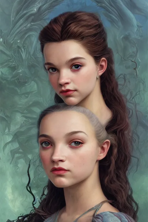 Image similar to A fantasy comic book style portrait painting of Alicia Vikander, Anya Taylor-Joy, hybrid, as an Atlantean Reptilian Warrior, François Boucher, Oil Painting, Mystical Valkyrie, unreal 5, DAZ, hyperrealistic, octane render, Regal, Refined, Detailed Digital Art, RPG portrait, William-Adolphe Bouguereau, Michael Cheval, Walt Disney (1937), Steampunk, dynamic lighting, Highly Detailed, Cinematic Lighting, Unreal Engine, 8k, HD