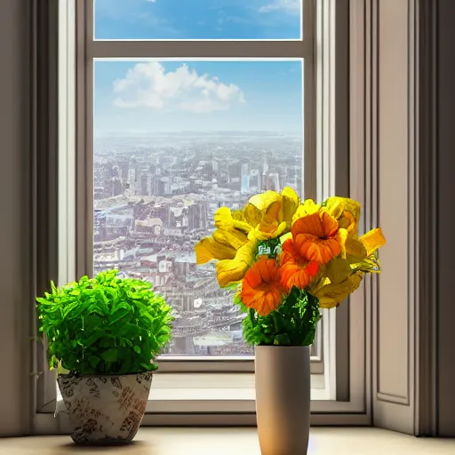 Prompt: a vase with a colorful and beautiful flower arrangement, placed on the windowsill. through the window you can see the beautiful city. noon. beautiful lighting, 4 k post - processing, trending in art station, cg society, highly detailed, 5 k extremely detailed, 3 d. cinematic scene.