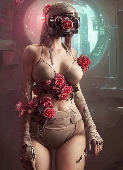 Prompt: portrait of a seductive female with roses, cyberpunk cyborg. roses, muted colors, sci fi, intricate abstract upper body intricate artwork, by tooth wu, wlop, beeple, dan mumford. concept art, octane render, deviantart, greg rutkowski, cinematic arthouse, key art, hyper realism,