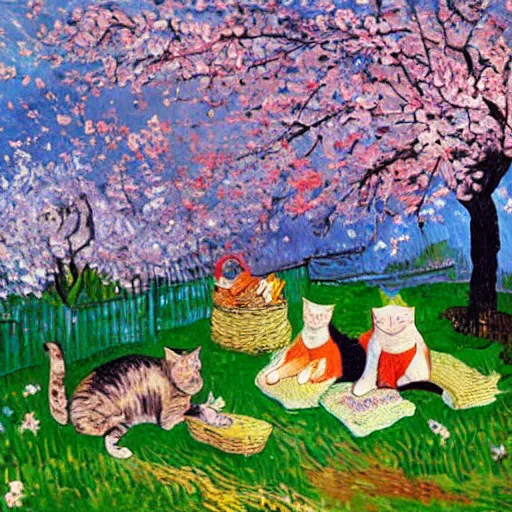 Prompt: cats having a picknick under cherry blossoms, painting, impressionist, van gogh, summer day, sunny