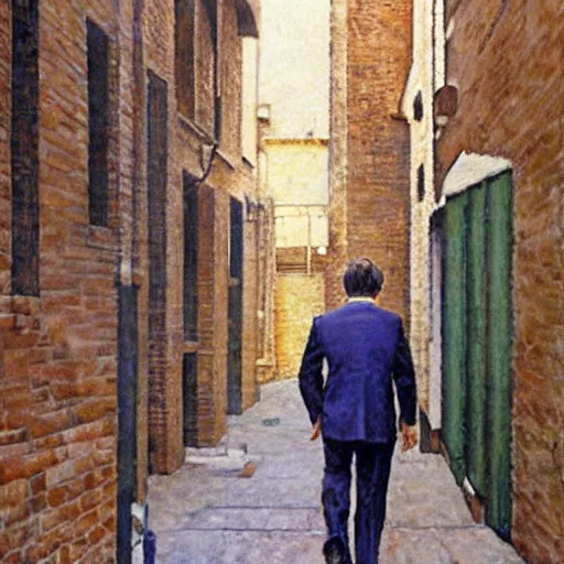 Prompt: a beautiful painting of a man strolling down an alley by Steve Hanks