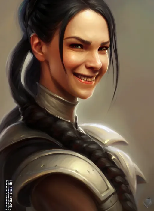 Image similar to a _ fantasy _ style _ portrait _ painting _ of woman, ponytail black hair, smile, round face, engineer rpg dnd oil _ painting _ unreal _ 5 _ daz. _ rpg _ portrait _ extremely _ detailed _ artgerm _ greg _ rutkowski _ greg