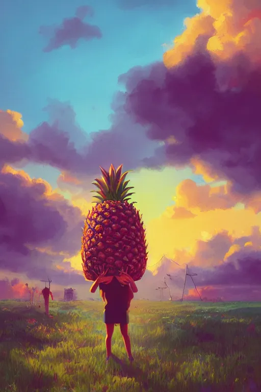 Prompt: closeup, giant pineapple face, girl surrounded by djungle, surreal photography, golden hour, colorful clouds, impressionist painting, digital painting, artstation, simon stalenhag