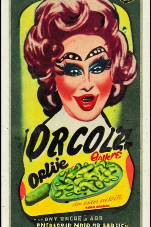 Image similar to drag queen on pickles cereal box, vintage packaging