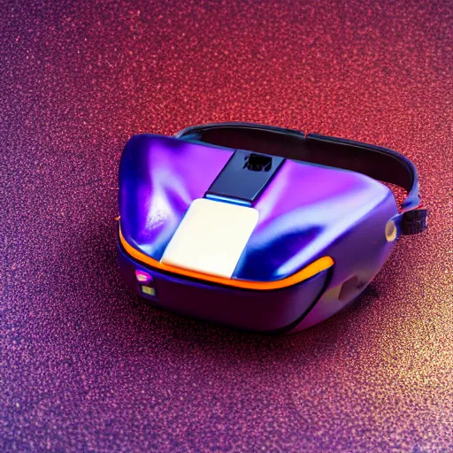 Image similar to award winning product photography, 3 5 mm lens, of a glossy orange metallic and shiny purple metallic shiny ergonomic hololens as off bugatti cheyvron, holographic display lenses, studio lighting,
