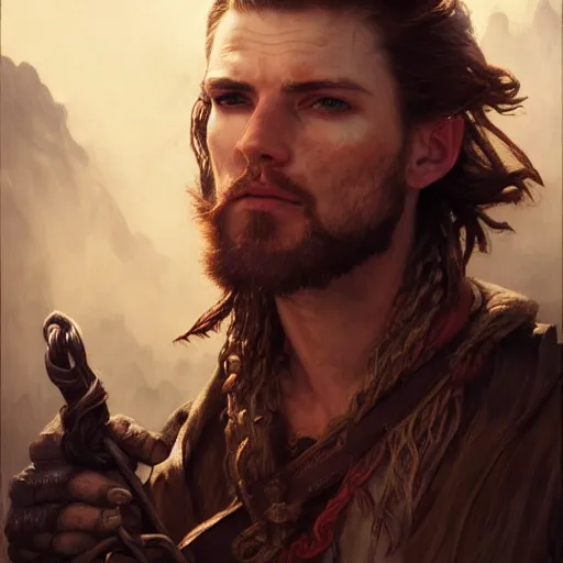 Image similar to portrait of a young pirate, 30 years old, male, rugged, masculine, handsome, upper body, red hair, long hair, D&D, fantasy, intricate, elegant, highly detailed, cinematic lighting, digital painting, artstation, concept art, cutscene, sharp focus, illustration, art by Artgerm and Greg Rutkowski and Alphonse Mucha