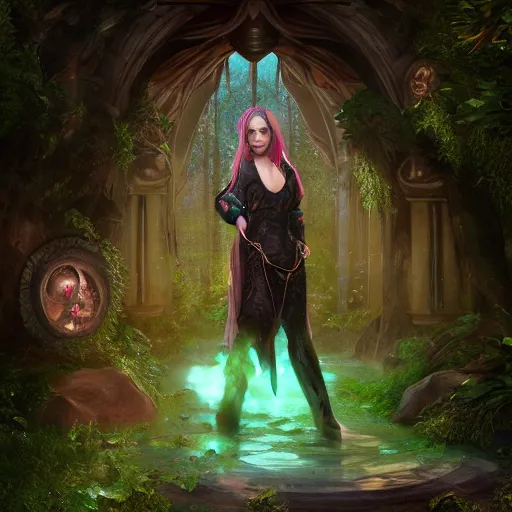 Image similar to Beautiful art portrait of a female fantasy sorceress in a dark mystical fantasy temple surrounded by lush spring time forest ,masterpiece, trending on artstation unreal 5, DAZ, hyperrealistic, octane render, dungeons and dragons, dynamic lighting