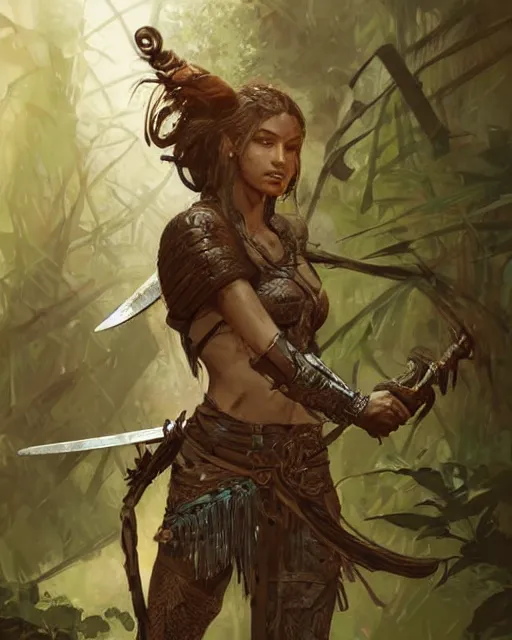 Image similar to digital art of a warrior woman in a jungle wearing heavy medieval knights armor, character art, by greg rutkowski, detailed face, beautiful face, drawing