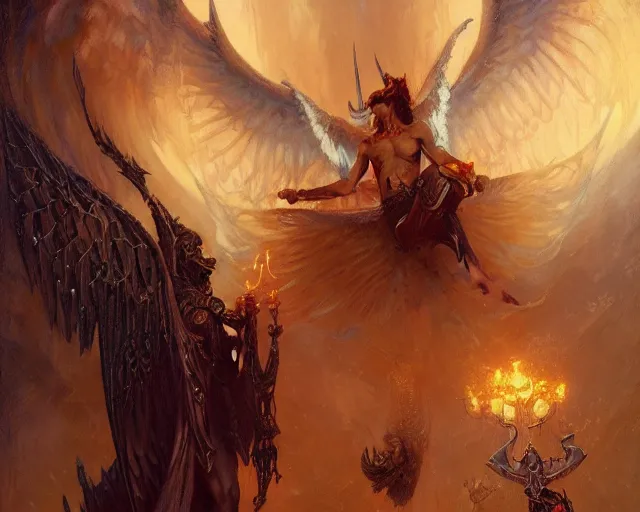 Image similar to attractive lucifer morning star summons death of the endless. highly detailed painting by gaston bussiere, craig mullins, j. c. leyendecker 8 k