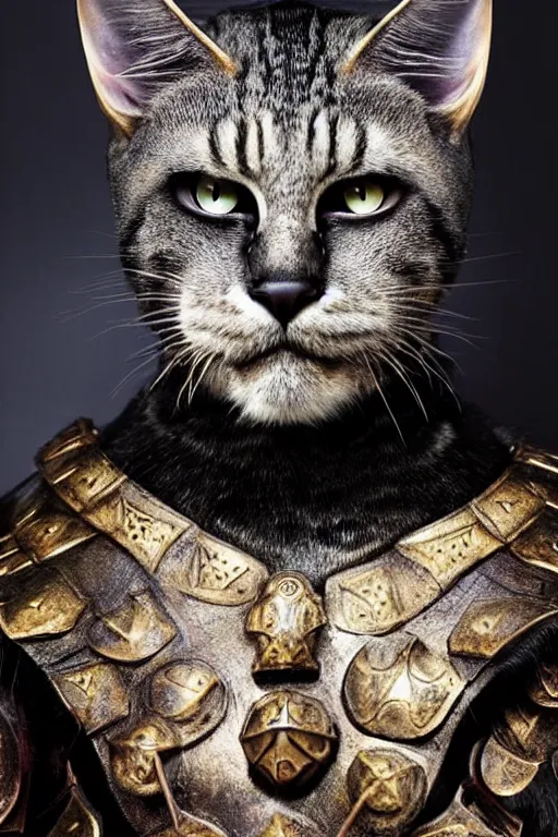 Prompt: head and shoulders portrait of a warrior, tabaxi, black cat, male, breastplate, magical, high fantasy, d & d, by annie liebovitz, face details, extremely detailed, vogue fashion photo