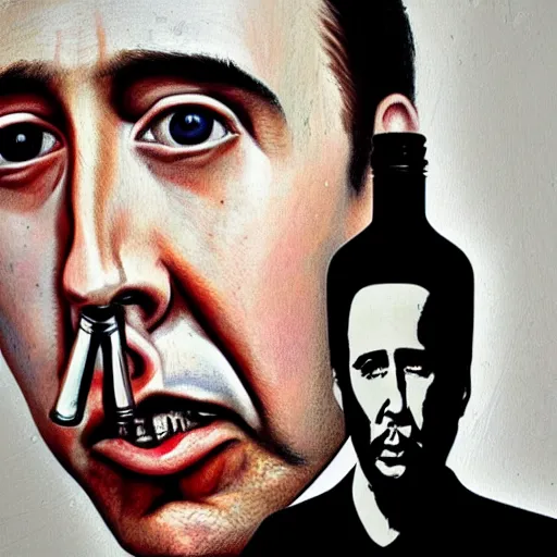 Image similar to Drinking from bottle liquid with face Nicolas Cage, Surrealism, Surreal drawing, Digital art, from artstation, art by Salvador Dali