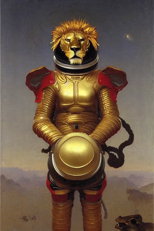 Image similar to portrait of a evil lion astronaut with chinese dragon armor and helmet, majestic, solemn, by bouguereau