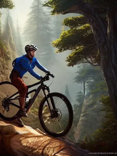 Image similar to handsome man riding a mountain bike in the wild. intricate, elegant, highly detailed, digital painting, artstation, cinematic shot, concept art, sharp focus, illustration, by justin gerard and artgerm, 8 k