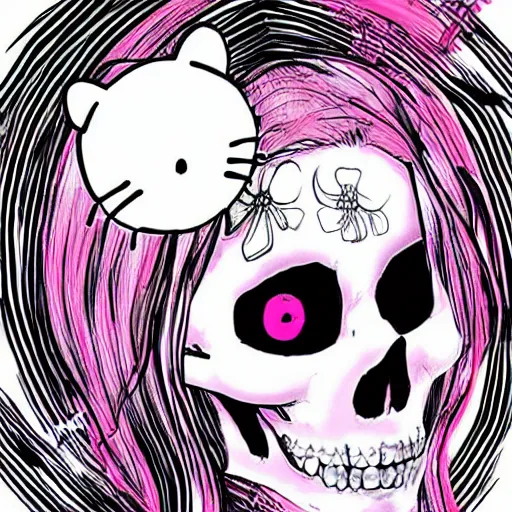 Prompt: anime manga skull portrait young woman skeleton, hello kitty, elegant, highly detailed, digital art, art by singer sergeant rolf harris