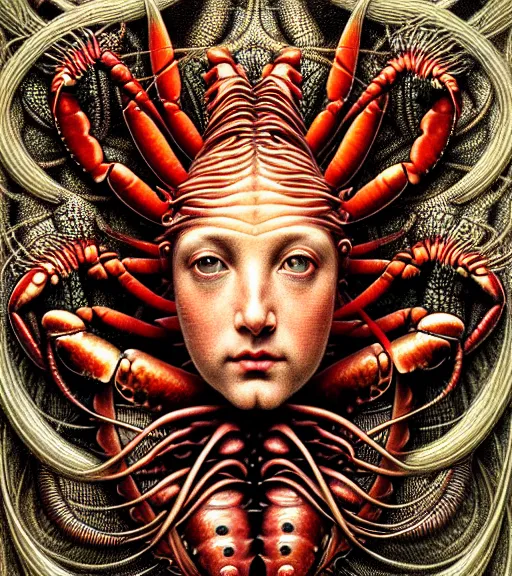 Image similar to detailed realistic beautiful lobster goddess face portrait by jean delville, gustave dore, iris van herpen and marco mazzoni, art forms of nature by ernst haeckel, art nouveau, symbolist, visionary, gothic, neo - gothic, pre - raphaelite, fractal lace, intricate alien botanicals, ai biodiversity, surreality, hyperdetailed ultrasharp octane render