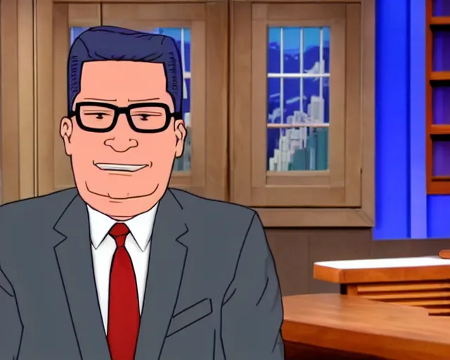 Prompt: upclose screenshot from hank hill being interviewed on an episode of the tonight show starring jimmy fallon. talk show set.