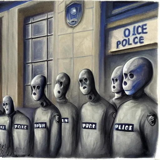 Prompt: by charles addams, by meredith marsone, by alice rahon blue man group, shikki kaleidoscopic, dreary. the body art of a police station in the lithuanian city of vilnius. in the foreground, a group of policemen are standing in front of the building, while in the background a busy street can be seen.