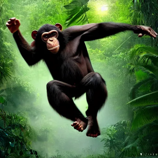 Image similar to Angry Chimpanzee Jumping, Epic Jump, Cinematic Photo, Cinematic Shot, Jungle, Foliage Boris Vallejo, Epic, 8k resolution, ArtStation, Hyperrealistic