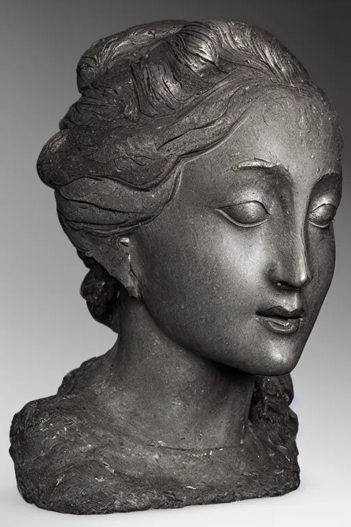 Image similar to mnemosine goddess statue sculpted in volcanic rock with silver threads, made by antonio corradini and bernini, ultrarealistic, detailed, 8 k