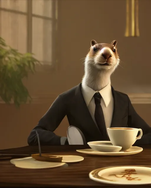 Prompt: a very high resolution image from a new movie, a weasel wearing a suit drinks tea in a shabby chinese room, surrounded by water vapor and dim light summer unreal engine 5, hyper realism, realistic shading, cinematic composition, blender render, octane render, hdr, detailed textures, photorealistic, wide shot