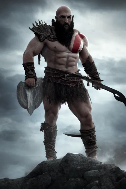 Image similar to film still from god of war, a highly detailed beautiful closeup photo of jason momoa kratos with long windblown wet hair holding a sword and fighting zombies on a pile of human skulls, spartan warrior, olympian god, muscular!,, action pose, ambient lighting, volumetric lighting, octane, fantasy