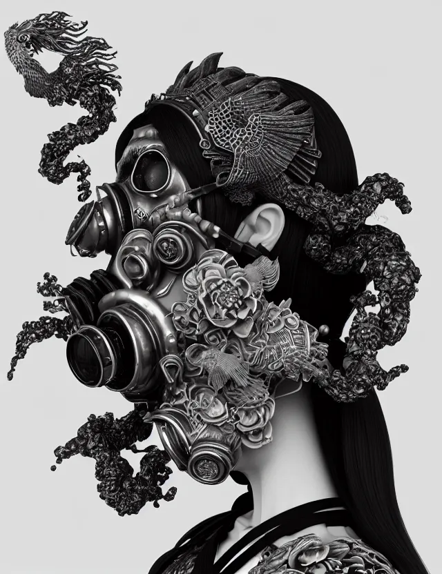 Image similar to 3 d goddess close - up profile punk portrait with vintage gas mask ram skull. beautiful intricately detailed japanese crow kitsune mask and clasical japanese kimono. betta fish, jellyfish phoenix, bio luminescent, plasma, ice, water, wind, creature, artwork by tooth wu and wlop and beeple and greg rutkowski