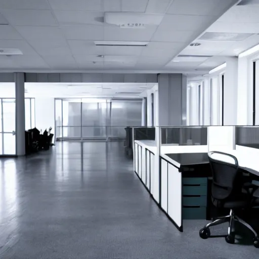 Image similar to an office at night, dark atmosphere, white hue