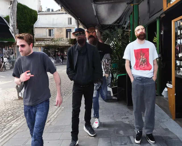 Image similar to Robert Pattinson meeting MC Ride and Zach Hill from Death Grips in a exterior cafe in france, paparazzi photo, wide angle, shot from far away