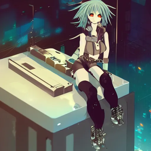 Image similar to advanced anime digital art, cyberpunk nekogirl sitting in a box
