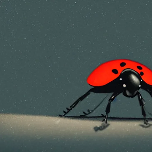 Image similar to a ladybug with six legs and a black head crawling on a sidewalk, it is night and raining, bushes in the background, street lamps are illuminating the street, moody lighting, peaceful atmosphere, digital art, highly detailed, high contrast, beautiful lighting, award winning, trending on art station, 8 k,